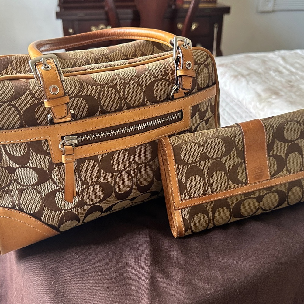 Coach Tan and Brown Signature Bag and Wallet